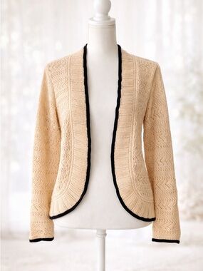 Women's Cream Open-Front Knit Cardigan with Black Trim M